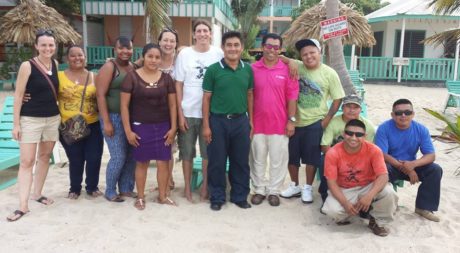 BFREE staff stand on the beach in Placencia as they kick off their annual staff retreat. Pictured from left to right: Heather, Isabel, Nelly, Maya, Tyler, Jacob, Estaban, Tom, Thomas, Pedro, Elmer, Canti