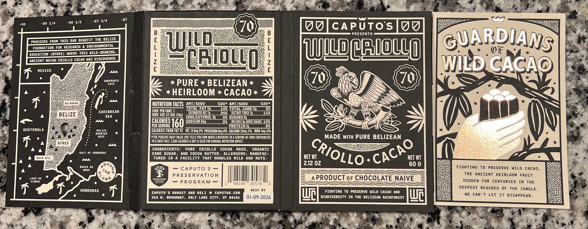 Packaging for the Wild Criollo bar All sides of the criollo packaging including the insert for Guardians of Wild cacao is featured