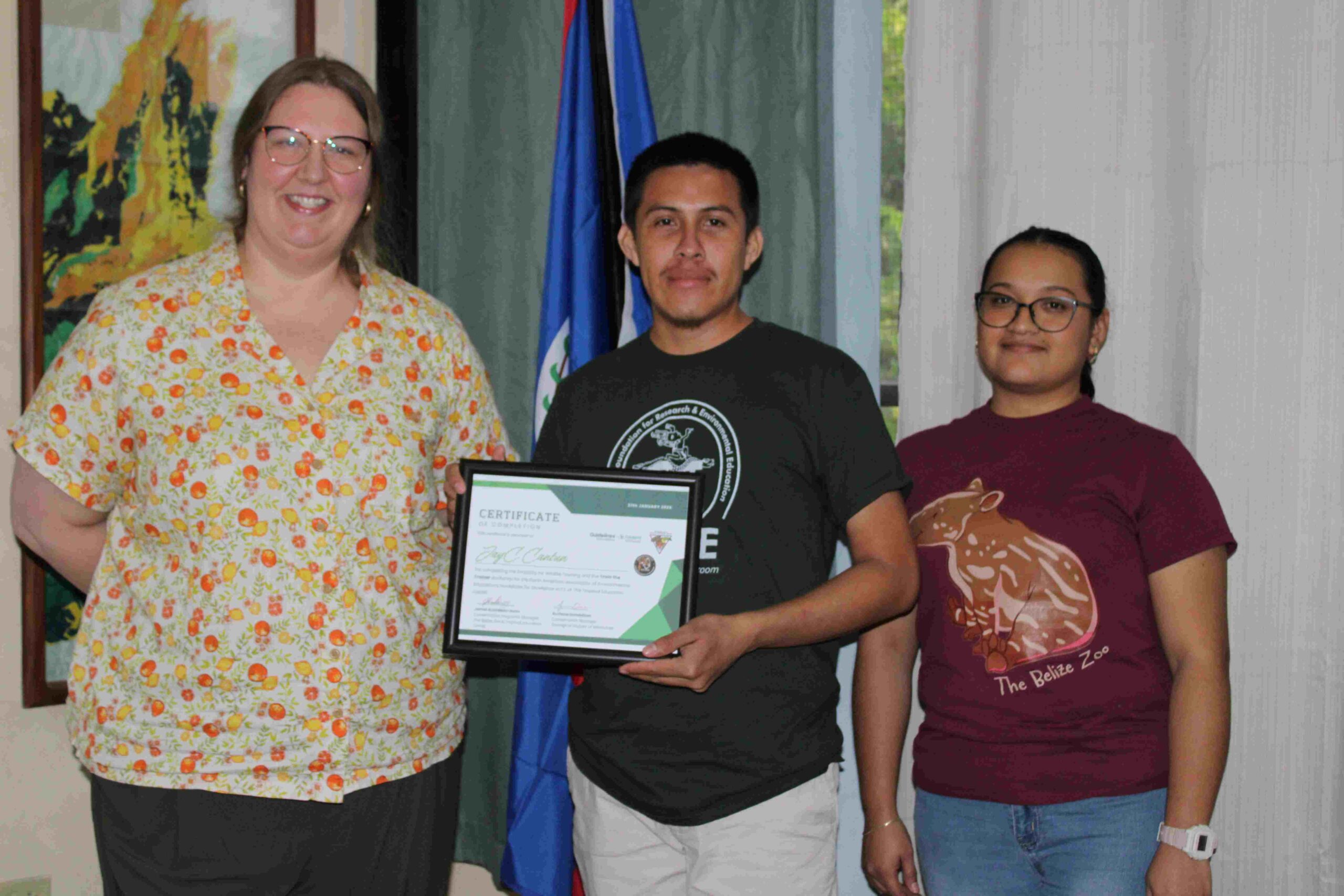Jayc Cantun received a certificate of completion for the Belize Zoo representative