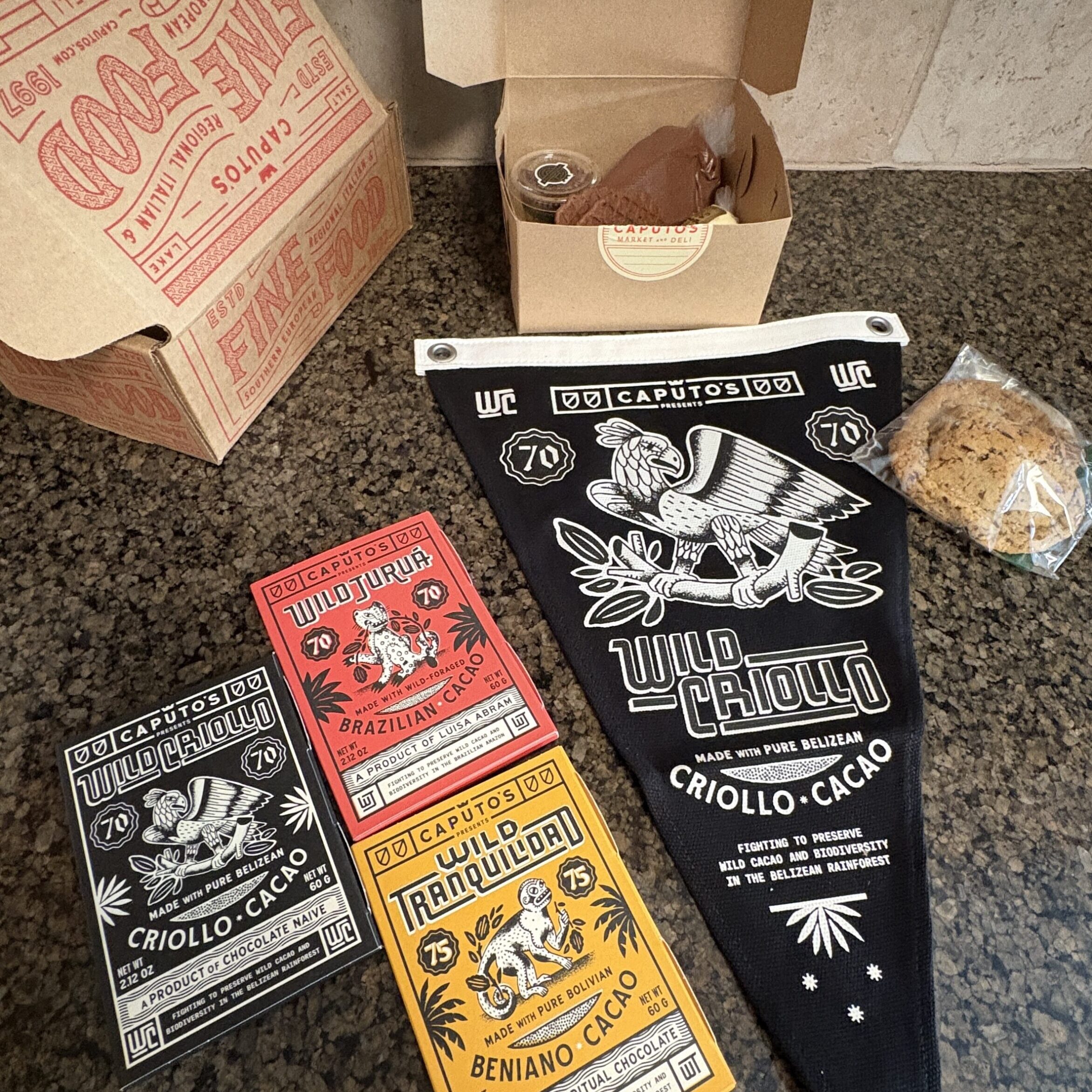 The chocolate kit included three chocolate bars, a flag with the chocolate design, and cookies.