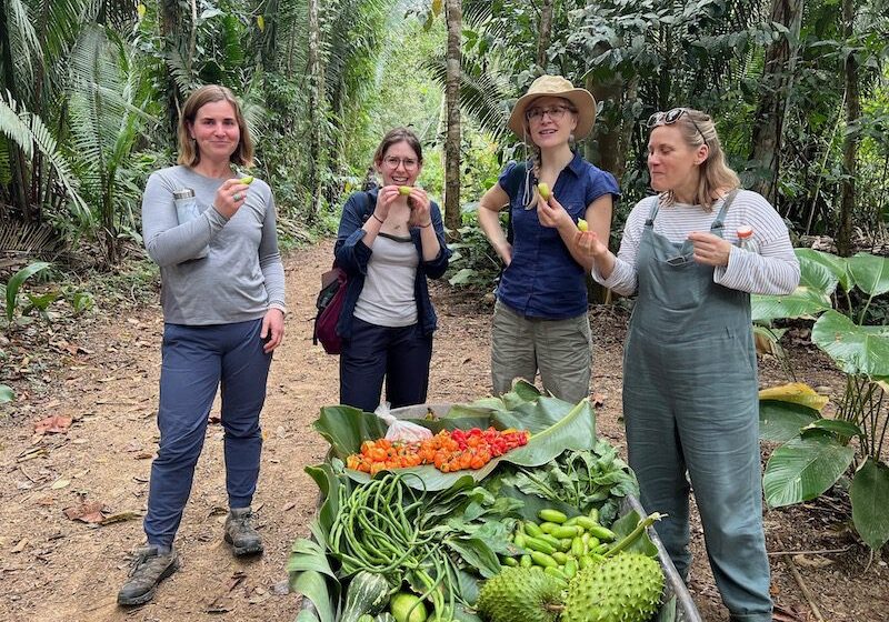 Belizean Rainforest Grown Produce Four women enjoying delicious fresh fruits and vegetables grown on in BFREE gardens during a visit to the Belizean Rainforest